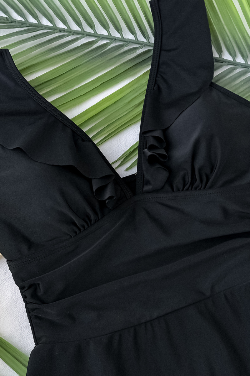 Women's V-Neck Ruffle Solid Cinched Waist Slimming Swimsuit