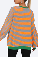 Women Fall Contrast Striped Lantern Sleeve Loose Sweatshirt