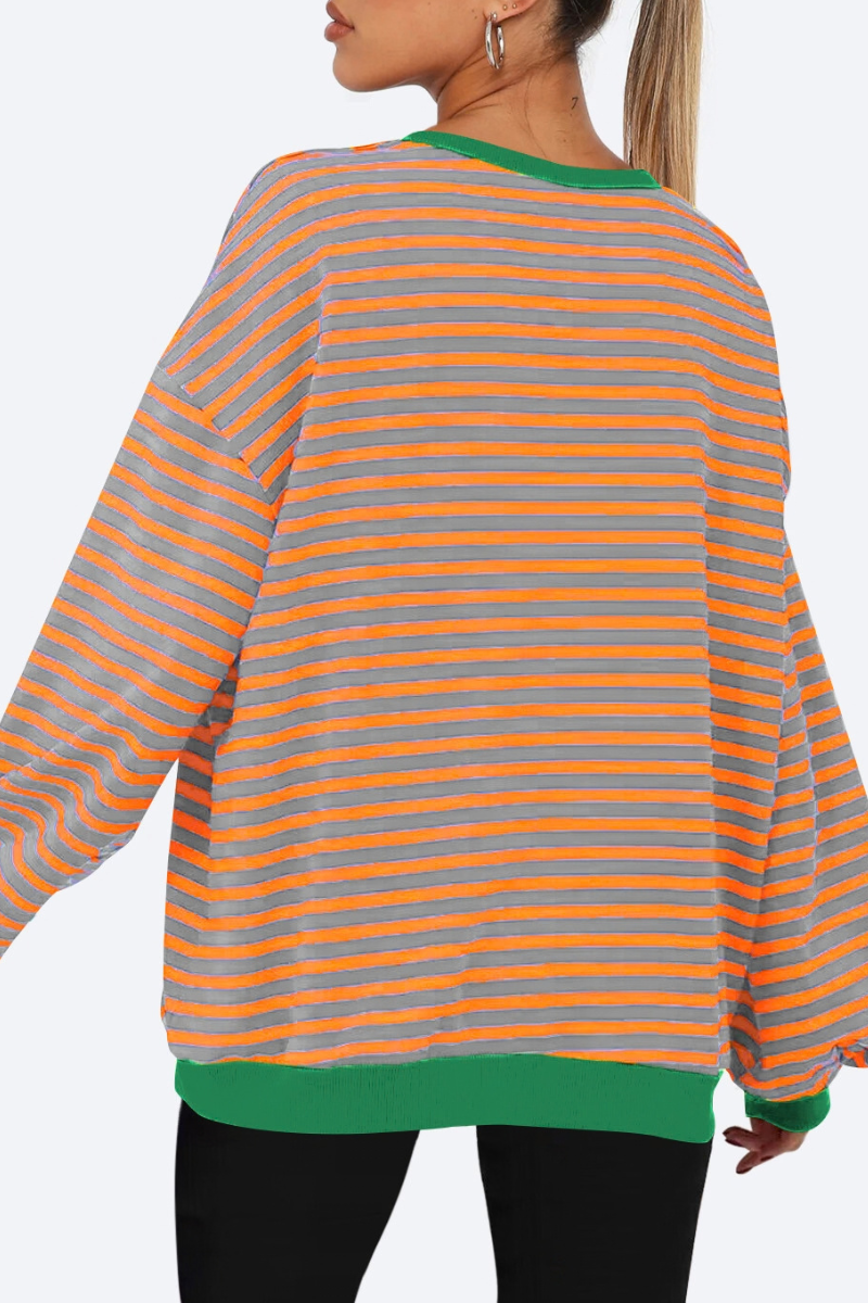 Women Fall Contrast Striped Lantern Sleeve Loose Sweatshirt