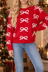 Women Red Crew Neck Sweater All Over White Bow Long Sleeve