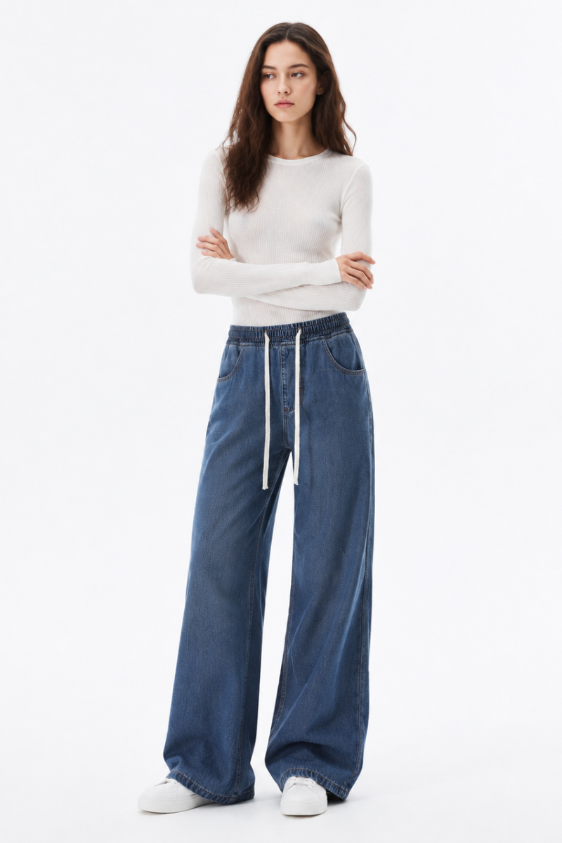 Women's Fall Drawstring Waist Side Pocket Wide Leg Jeans