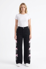 Women's High Waist Bow & Pearl Chain Detail Jeans