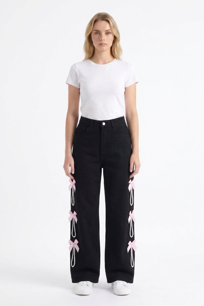 Women's High Waist Bow & Pearl Chain Detail Jeans