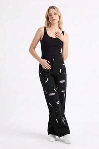 Women's High Waist Graffiti Ripped Wide Leg Jeans