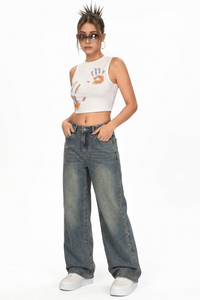 Women's Vintage Washed Mid Waist Loose Wide Leg Jeans