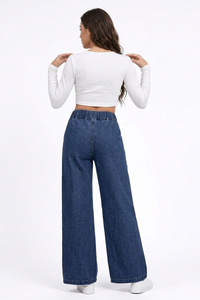 Women's  Elastic-Waist Relaxed Baggy Wide Leg Jeans