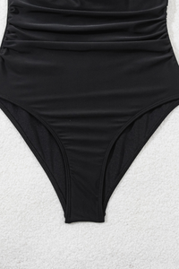 Women's Solid Mesh Panel Halter Ruched Cinched Waist Swimsuit