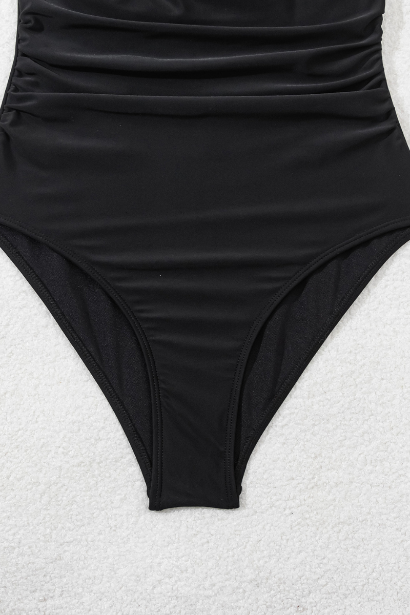 Women's Solid Mesh Panel Halter Ruched Cinched Waist Swimsuit