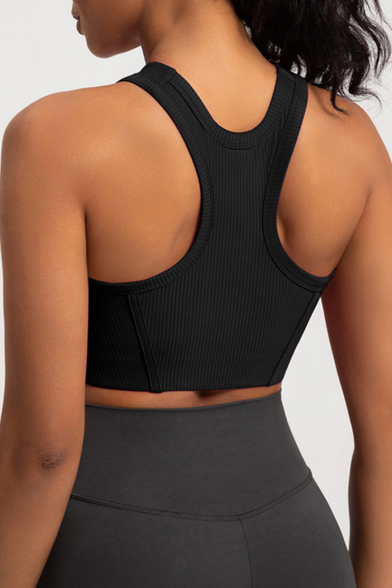 Women's Ribbed Front Zipper Racerback High Impact Sports Bra