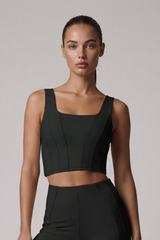 Women's Square Neck Wide Strap Corset Seam Solid Sports Bra