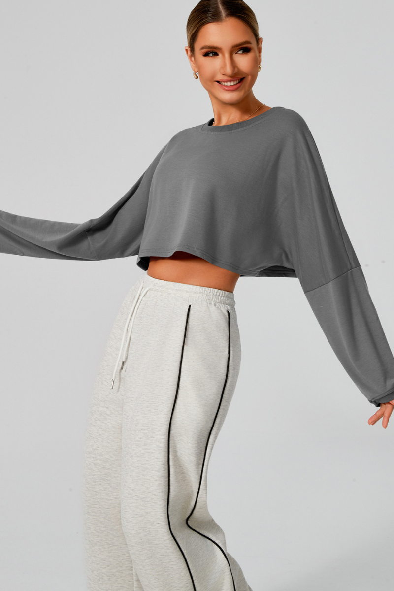 Women's Fall Cropped Drop Shoulder Long Sleeve Top