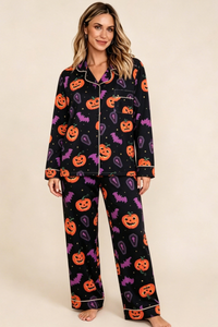 Women's Fall Halloween Pumpkin Bat Print Horror Pajama Set