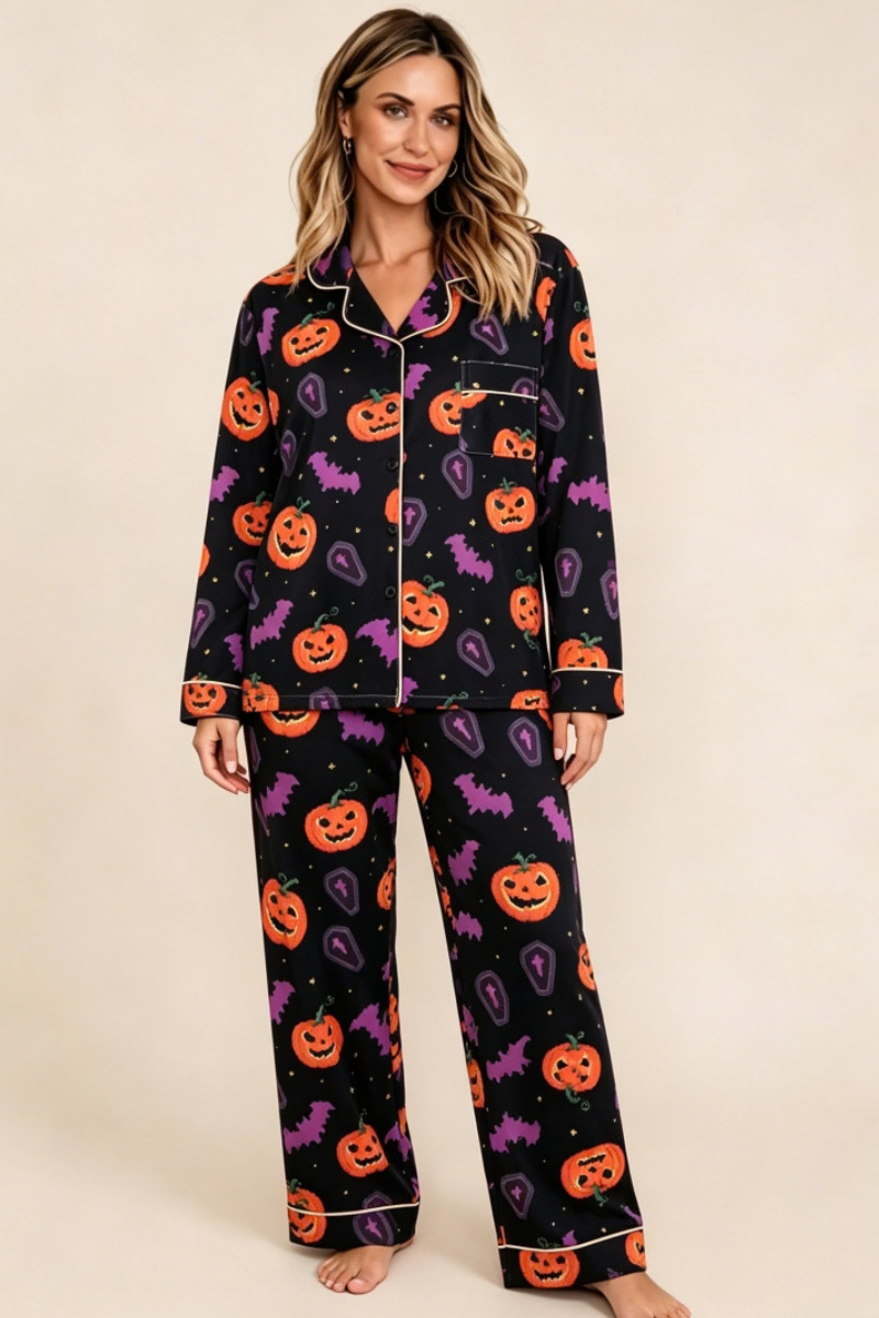 Women's Fall Halloween Pumpkin Bat Print Horror Pajama Set
