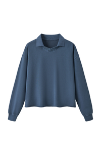 Unisex Fall 100% Cotton Washed Boxy V-Neck Polo Sweatshirt