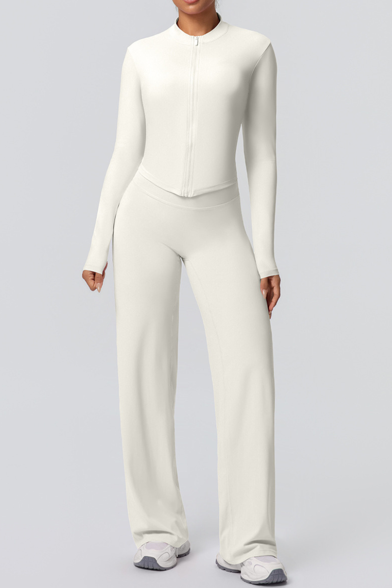 Women's Set:Collared Zippered Jacket And Wide Leg Pants