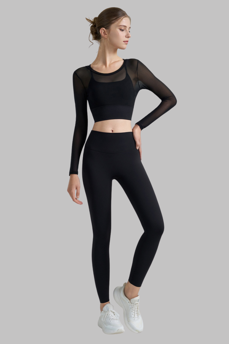 Women's Yoga Sets:Faux Two-Piece Long Sleeve Top And Legging