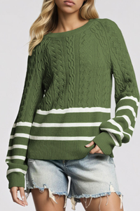 Women's Winter Crew Neck Cable Knit Contrast Stripe Sweater