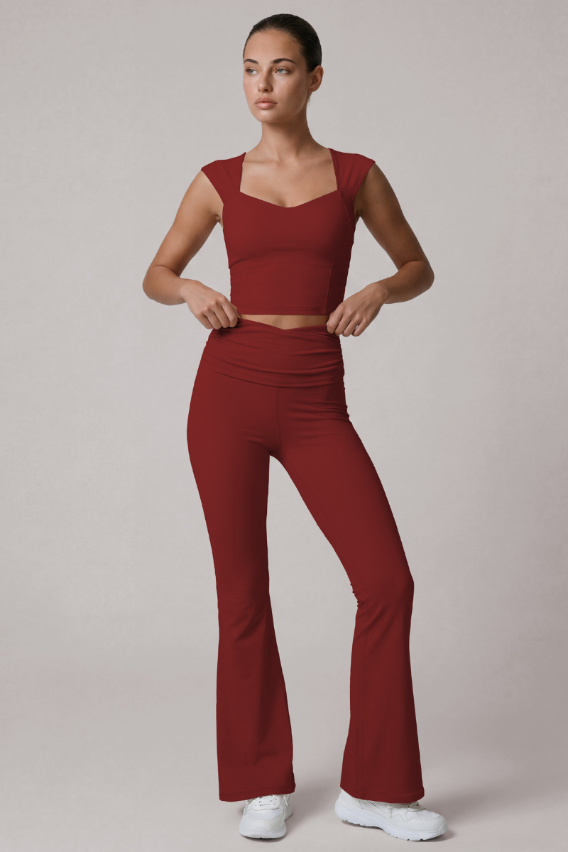 Women's Cropped Top And Pleated Waist Flare Pants Yoga Set