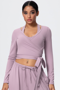 Women’s Criss-Cross Waist Straps Halterneck Long-Sleeve Top