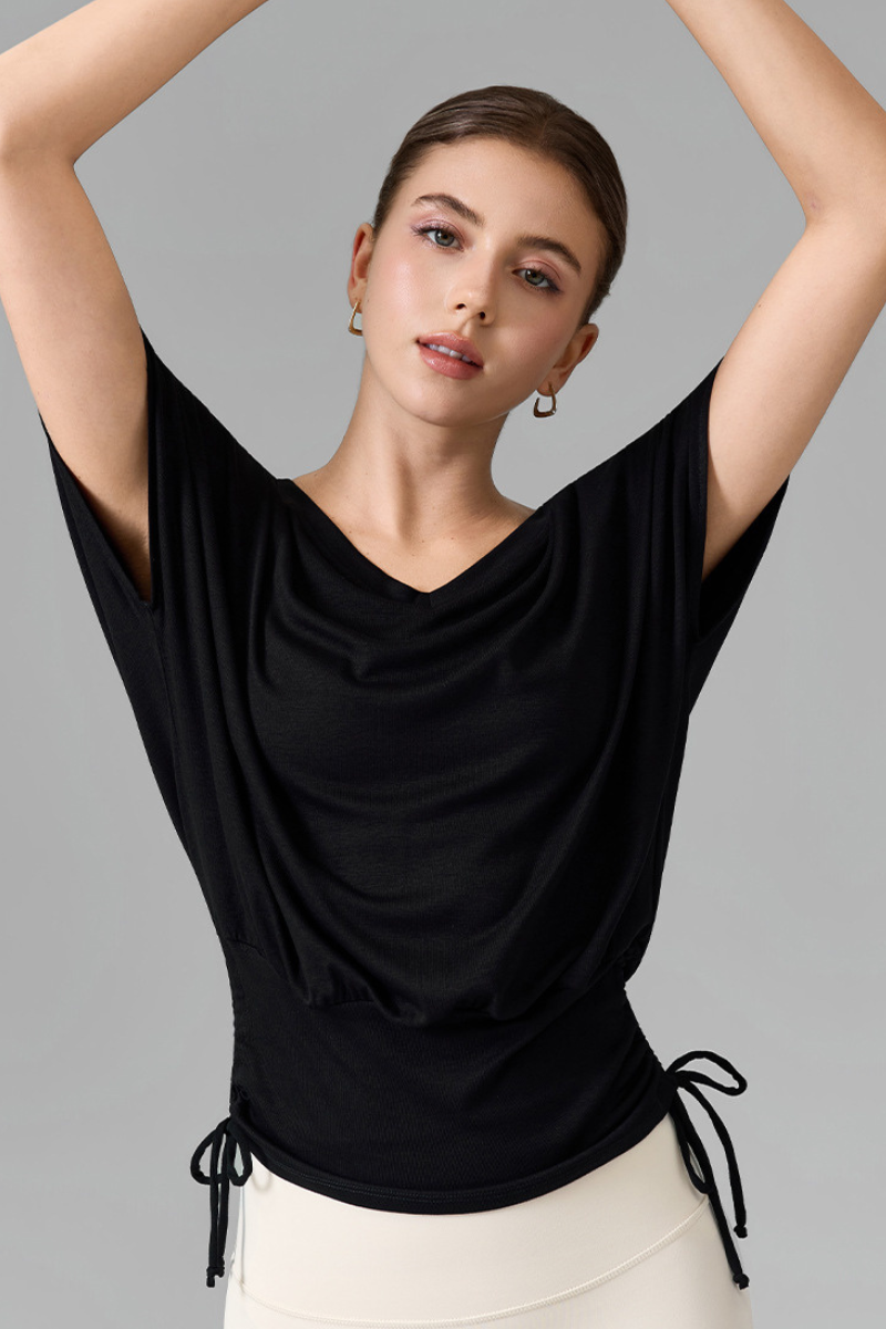 Women's V Neck Batwing Sleeve Side Drawstring Loose Fit Top