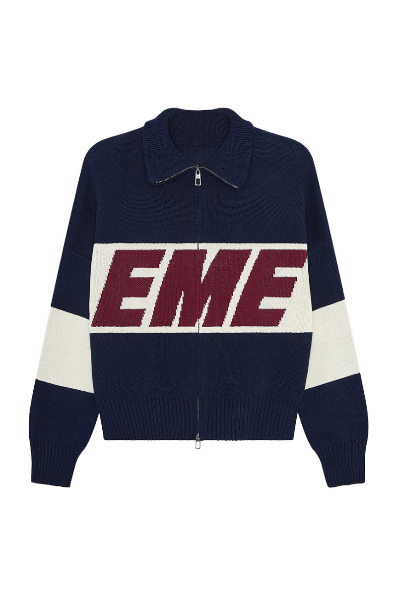 Color-contrast letter-patterned knitted cardigan