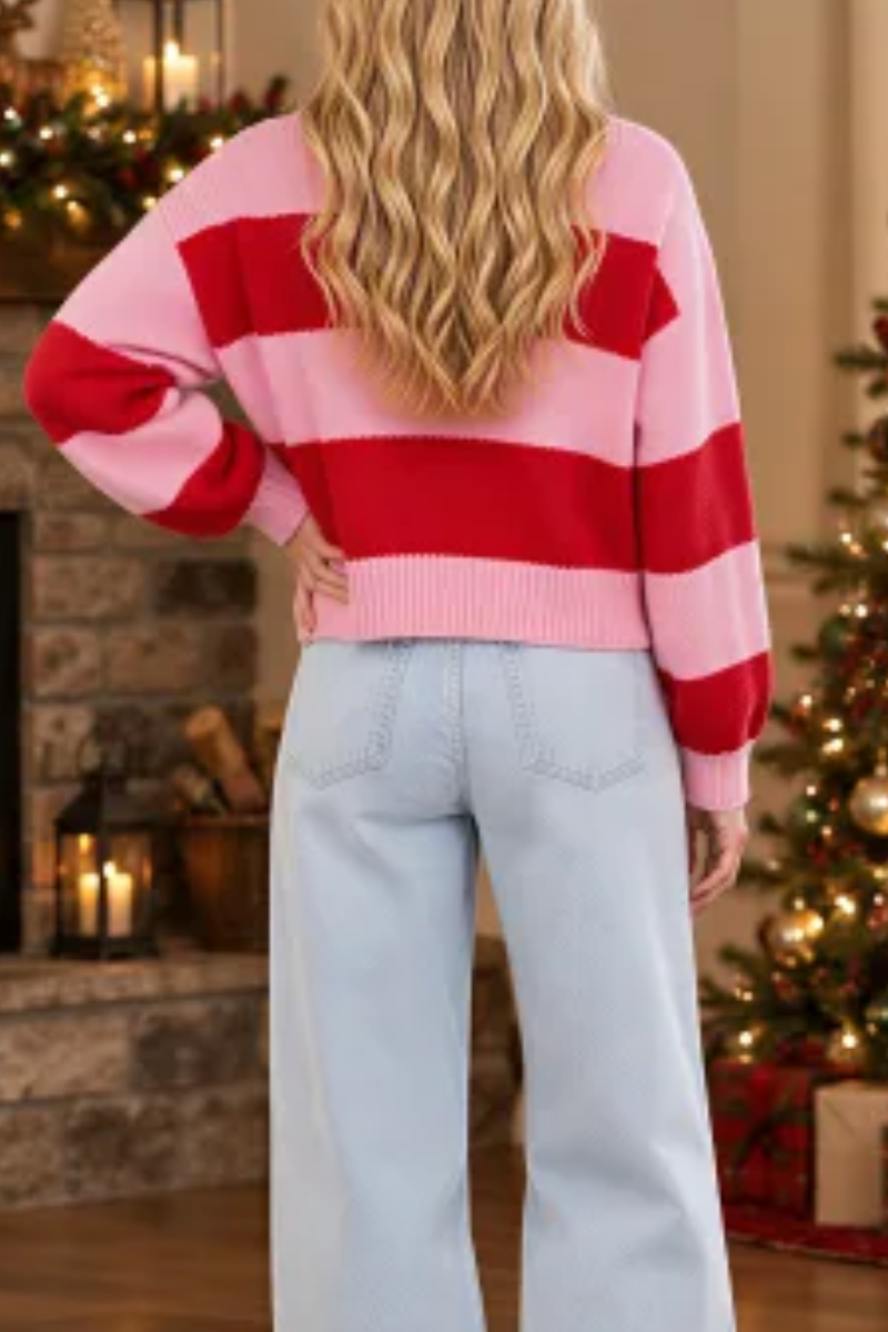 Women's Winter Christmas Striped Color Block Knit Sweater
