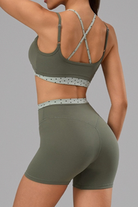Women's Polka Dot Contrast Bra and Athletic Shorts Yoga Set