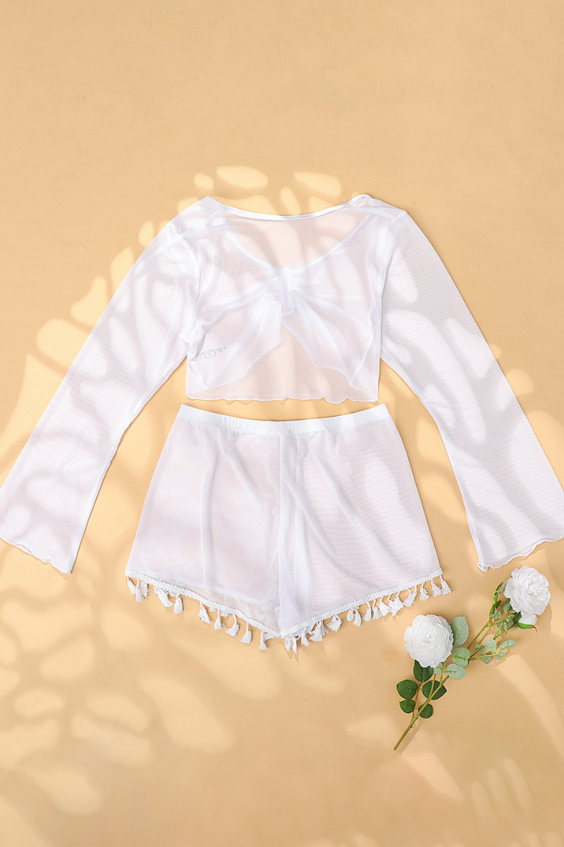 Women's Mesh Long Sleeve Cover-Up Tassel Shorts Bikini
