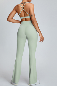 Women's Athletic Set:U-neck Cross Back Bra And Flare Pants