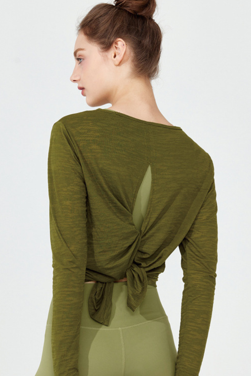 Women's Back Split Tie Lightweight Sheer Long Sleeve T-shirt
