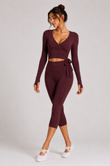 Women's Side Wrap Tie Long Sleeve Top And Capri Yoga Set