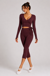 Women's Side Wrap Tie Long Sleeve Top And Capri Yoga Set