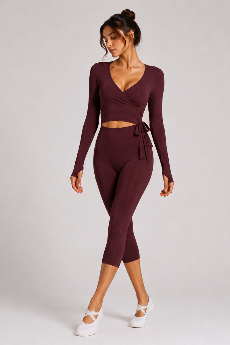 Women's Side Wrap Tie Long Sleeve Top And Capri Yoga Set