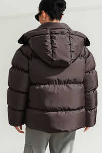 Women's stand-up collar bread-style hooded cotton jacket.