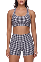 Women's Athletic Plaid Print Y-Back Bra And Shorts Yoga Set