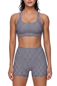 Women's Athletic Plaid Print Y-Back Bra And Shorts Yoga Set