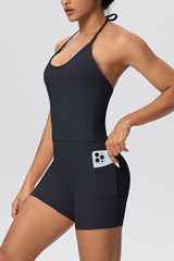 Women's Sport Set:Thin Tie Straps Halterneck And Side Pocket Shorts