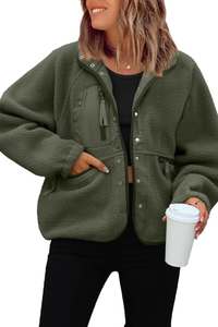 Women's Fall/Winter Patch Pockets Fleece Snap Button Jacket