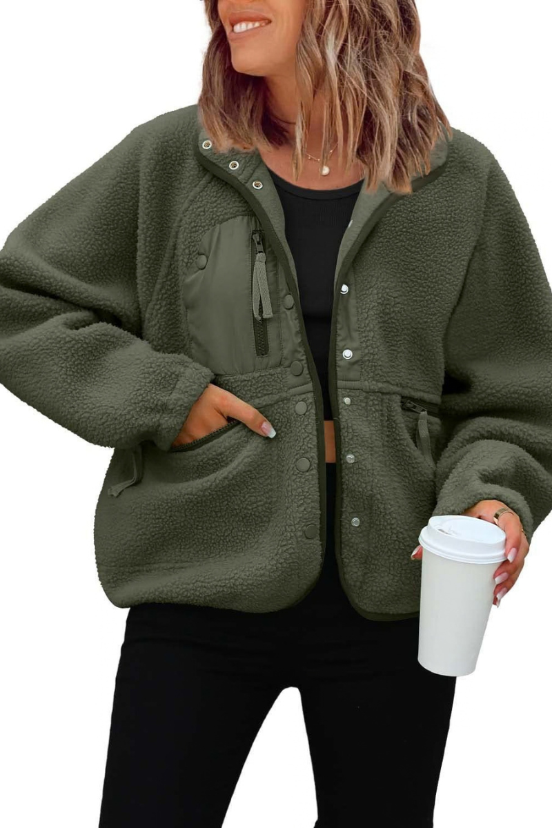 Women's Fall/Winter Patch Pockets Fleece Snap Button Jacket