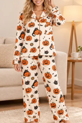 Women's Fall Halloween Pumpkin Black Cat Print Pajama Set