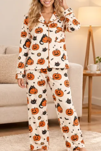 Women's Fall Halloween Pumpkin Black Cat Print Pajama Set