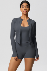 Women Tight Yoga Set:Brushed Sports Bra+ Zip Jacket + Shorts