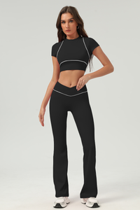 Women's Color‑Contrast Cropped T-shirt & Flared Pants Set
