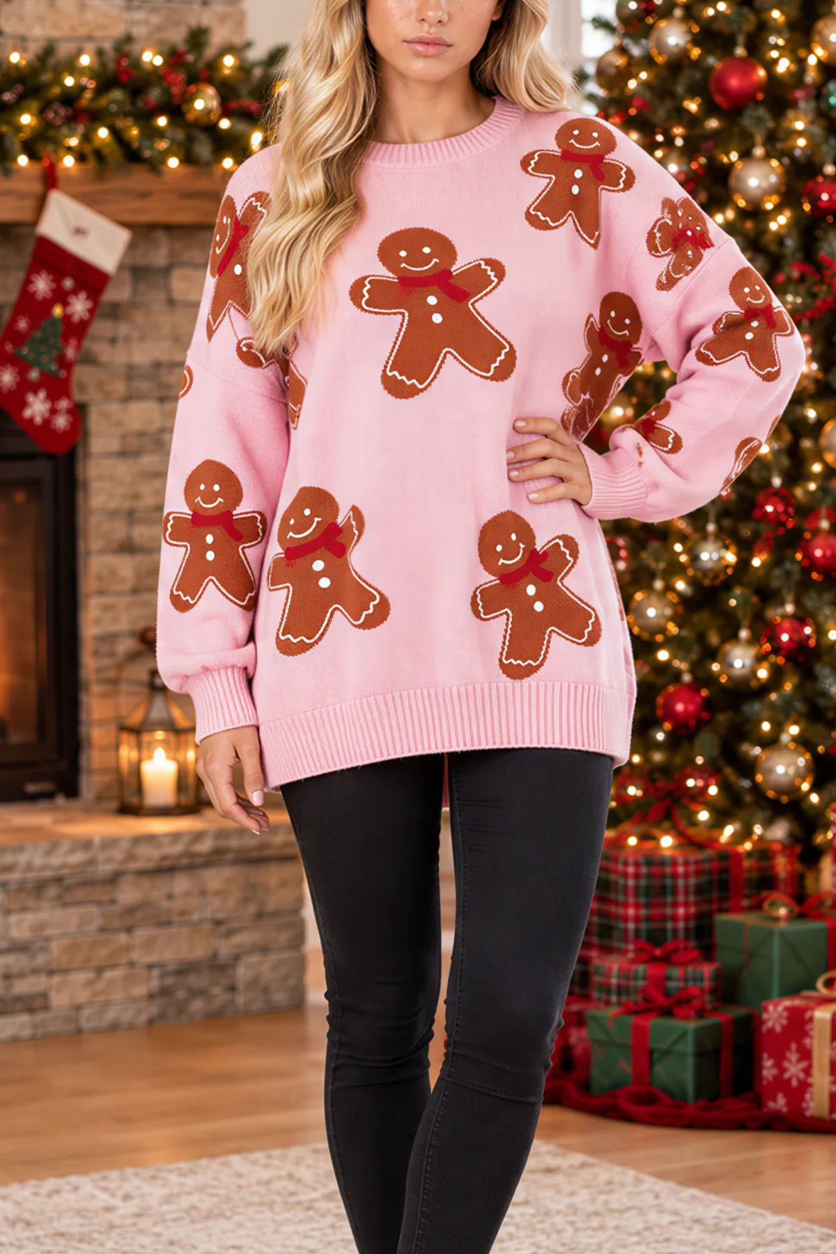 Women's Winter Christmas Pink Gingerbread Man Knit Sweater