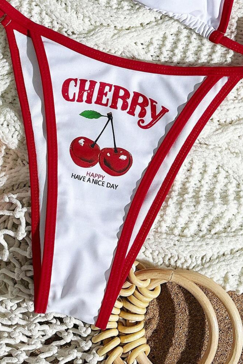 Women's Cherry Print Color Block Triangle Three Piece Bikini