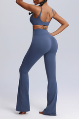 Women's Twisted Sports Bra & Cross-Waist Flare Pants Set