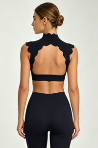 Women's Scalloped Mock Neck Cropped Workout Yoga Top