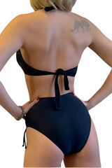 Women's Halter Deep V High Waist Back Tie Bikini Set - Solid