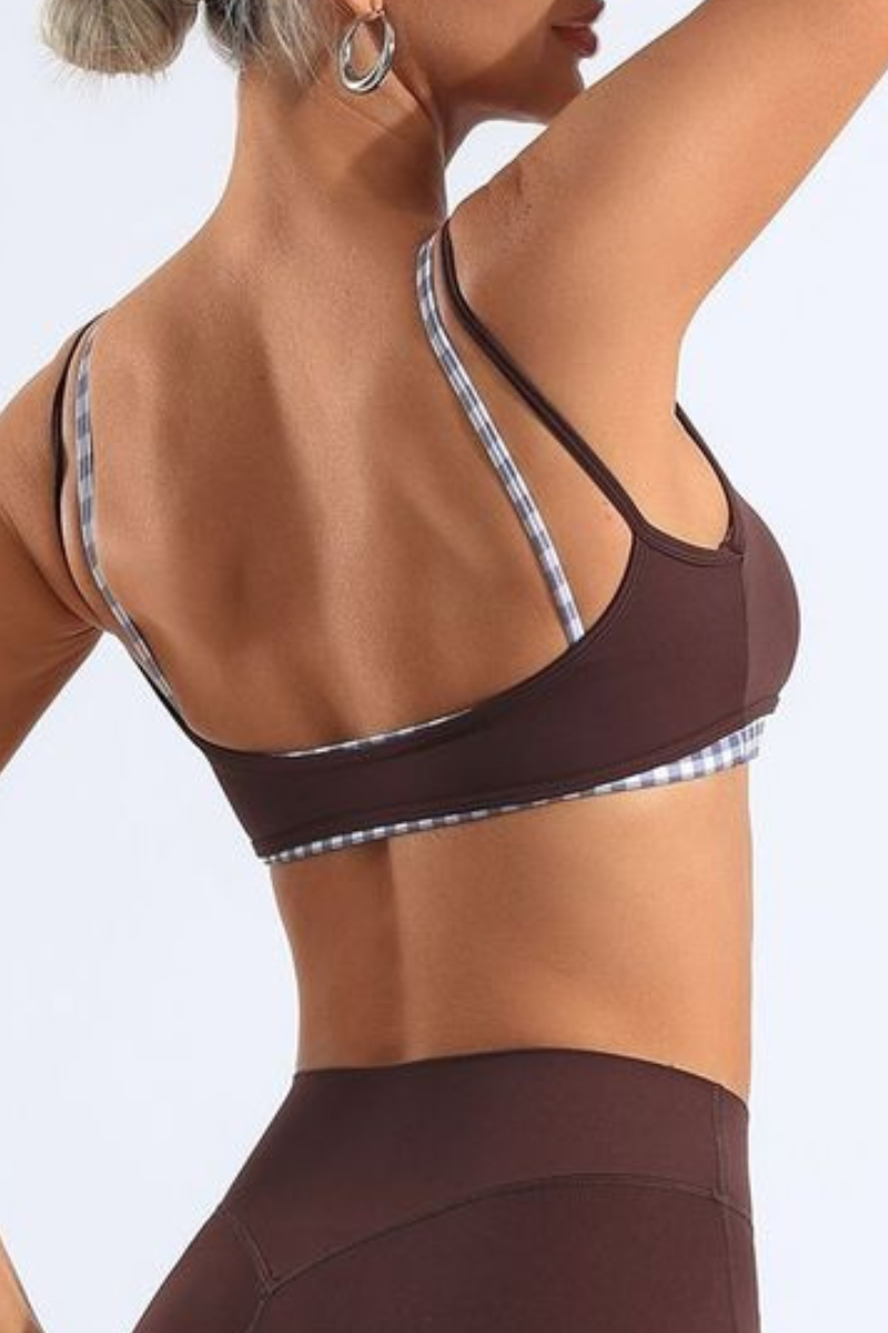 Women's Bare Feel Plaid Patchwork Double Thin Strap Yoga Bra