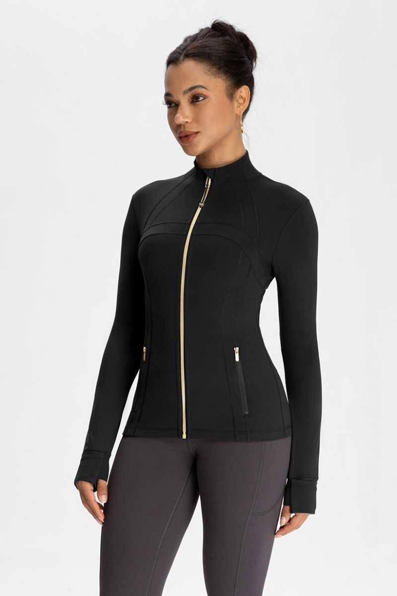 Gold-colored zipper-fastened jacket with a stand-up collar